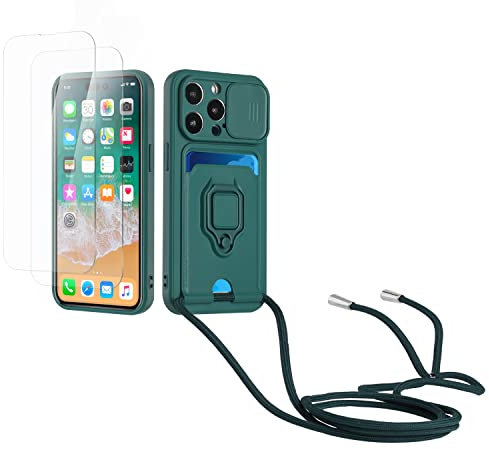 Kaslly Case for iPhone 15 Pro Mobile Phone Chain Case + [2 Screen Protectors Glass], Slide Camera Protection, Silicone Mobile Phone Case for Hanging Chain, Card Slot, Dark Green