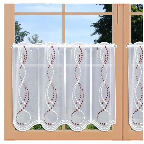 Scheibengardine Bianca mit Perlenschnur-Stickerei aus Echter Plauener Spitze moderner Kurzstore in weiß-rot 40 x 112 cm
