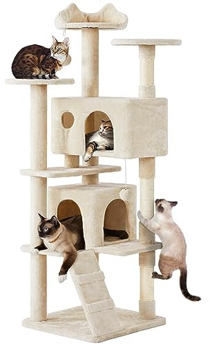 Yaheetech Albero Tiragraffi per Gatti 178 cm con 3 Pali Graffiatoi 3 Posatoi 2 Grotta 2 Pompon in Peluche a Più Livelli Giocattolo Gioco Beige