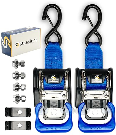 Strapinno 2PCS Stainless Steel Retractable Ratchet Straps (1 7/8 in x 4 ft) Transom Tie-Downs for Boat Trailer - Extra Mounting Brackets & Bolt Set, Safety Latch S-Hook, Break Strength 1,650LB/750KG