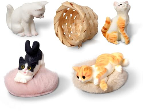 Sunwuun Wichtel Zubehör Katzenfiguren,Puppenhaus Zubehör Weihnachten,Geschenke für Katzenliebhaber,Puppenhaus Zubehör Katze Bambus Korb Decke