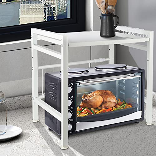Mikrowellenregal 2 Stufiges Mikrowellen Halter Organizer mit Haken, Erweiterbares Mikrowellen Regal, Ausziehbares Mikrowellen Regal 40-64cm, aus Kohlenstoffstahl (2 Etagen,Weiß)
