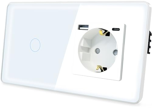 TAWOIA Touch Lichtschalter mit Steckdose mit(MAX.20W) USB and Type C, EU Standard 1 Fach Steckdose 1 Fach 1 Wege Unterputz Lichtschalter mit 2.5D Curved Glas Platte 86 * 157mm Weiß