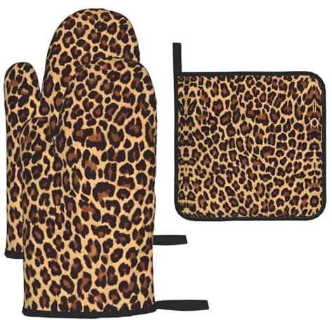 Cool Cheetah Leopard Oven Mitts and Potholders BBQ Gloves and Holders for Cooking Baking (3-Piece Set)