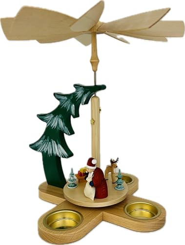 Richard Glaesser Tannenpyramide Weihnachtsmann mit Rentier für Teelichte aus Seiffen im Erzgebirge