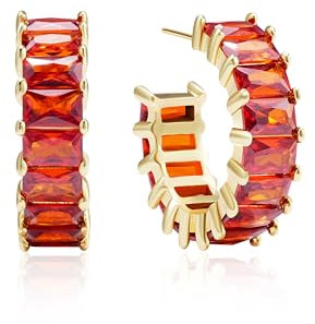 Mesovor Gold Zirkonia Creolen Ohrringe für Damen und Mädchen, 18 Karat Vergoldete Creolen in C-Form, Schmuck für Party, Abschlussball (Orange Rot)