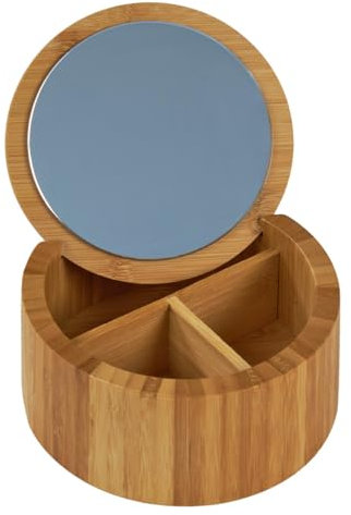 Meubletmoi Boite D. 15 cm en Bois de Bambou Naturel avec Miroir et 3 Compartiments de Rangement - Objet de Décoration - Regina 3147