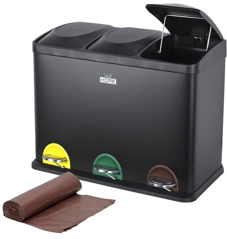 WELL HOME - Cubo de reciclaje Negro 45L 3 compartimentos + Rollo de 20 bolsas basura autocierre de 20L