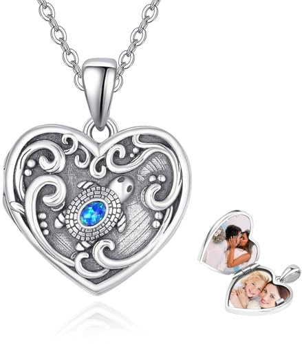 KINGWHYTE Medaillon Kette 925 Sterling Silber Herz Schildkröte Foto Halskette Blau Opal Schildkröte Bild Anhänger Schmuck Gedenkgeschenke für Frauen Mädchen