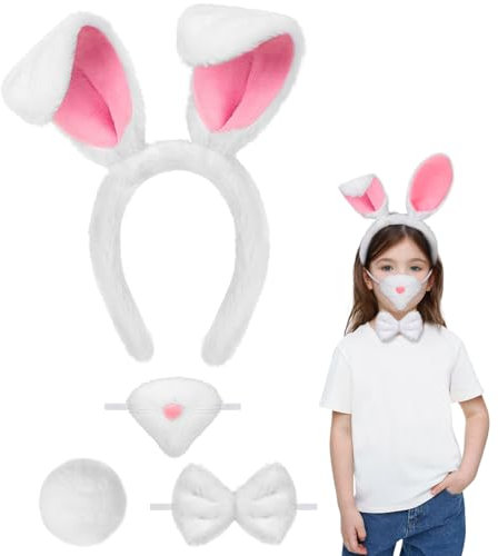 4PCS Hasenkostüm Zubehör, Hasenohren Haarreif Nase Fliege und Schwanz, Hasenohren Kostüm Tierkostüm Erwachsene Kinder für Halloween Karneval Cosplay Geburtstagsfeiern Maskeraden Welttag des Buches