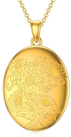 SOULMEET 9K 14K 18K Massives Gold/Vergoldet Gold Oval Medaillon mehrere Fotos enthält, personalisierte ovale Sonnenblume/Starburst Medaillon Halskette Geschenk, Metall, Kein Edelstein