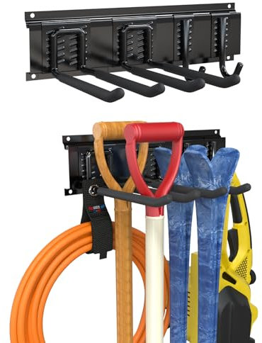 3-H 40cm Soporte Herramientas Pared,Ganchos Pared Garaje SUS304 Acero Inoxidable Organizador Herramientas con 4 Ganchos,1 Riel Deslizable para Esquí Silla Manguera Garaje Jardín
