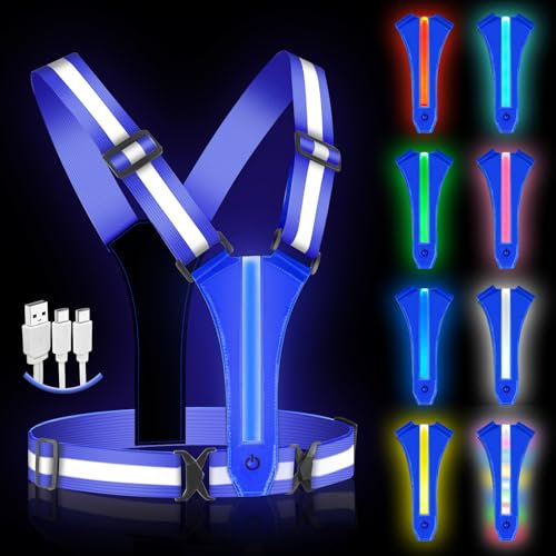 Ainiv LED Warnweste Fahrrad Reflektorweste, Laufweste Reflektorweste Warnweste Wiederaufladbare USB Lauflampe, Einstellbare Reflektorweste Leuchtweste Lauflicht für Joggen Wandern oder Radfahren-Blau