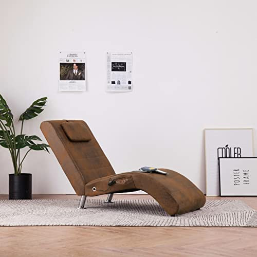IKAYAA Relaxliege Massage Heizfunktion Ergonomisch Bezug in Wildleder-Optik Gepolstert 110kg Belastbarkeit Wohnzimmer Chaiselongue Relaxsessel Braun