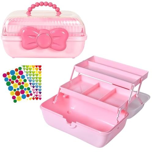 DasKid Craft Storage Box with Handle, 3 Layer Multipurpose Storage Box With Compartments - Organiser Box - For Jewelry Cosmetics Craft - Beauty - Sewing and Medicine Storage (Pink Box)
