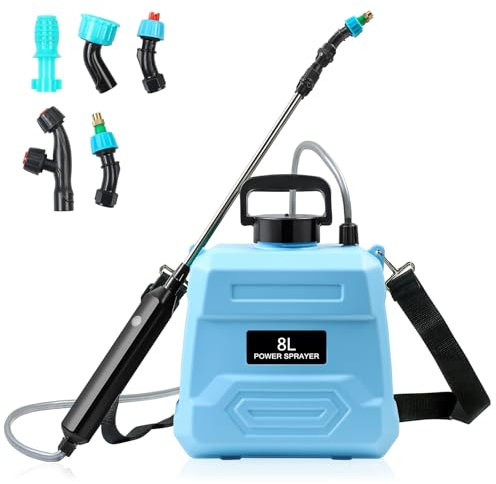 MaxAwe 8L Akku Drucksprüher, Elektrischer Pflanzensprüher mit USB Ladegriff, Rückenspritze mit Einziehbarer Sprühstab verstellbarem Schultergurt, Gartensprüher Sprühlanze mit 5 Düsen DruckSprühgerät