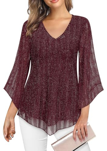 Gemulate Women's 3/4 Sleeve Dresses - Wine Red Chiffon Overlay Top with Mesh - Double Layer Top - Wine Red Stripes, XL
