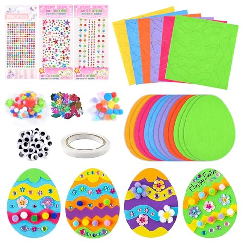 Auirshiky Ostereier Bastelset,Ostereier Craft Kit,Ostereier Bemalen,Ostereier DIY,Ostereier Filz Basteln für Kinder,Basteln Aufkleber Strasssteine Selbstklebend Blumen Pompons für Ostereier Deko