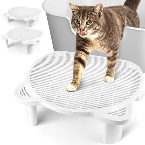 Bartuke Ajustable Rampa para Gatos, Caja de Arena Elevada para Gatos, Doble Escalón para Atrapar Arena con Filtr Función, Adecuada para Gatos Pequeños y Mayores, Fácil Limpieza (Blanco)