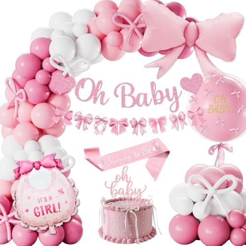 Fantspati Babyparty Deko Mädchen: Rosa Baby Shower Deko mit Schleifenmotiv, Ballons, Girlande, Schärpe, Tortenaufsatz & mehr