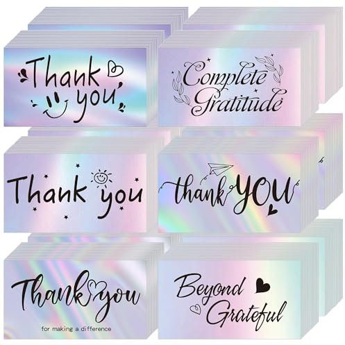 Einfache Dankeskarten,Kleine Dankeskarten,240PCS Mini-Dankeskarten,Dankespostkarten,Laser-Regenbogenkarten,6 Stile Dankeskarten Für Unternehmen,Holografische Dankesgrußkarten,Lehrer,Trainer Karten