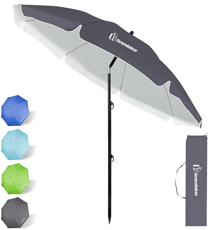 Grandekor Sonnenschirm Ø 200 cm knickbar Balkon Strandschirm Gartenschirm Marktschirm, Terrassenschirm mit Bodenhülse & Drehstange & Schutzhülle, Sonnenschutz UV50+, Anthrazit Rund