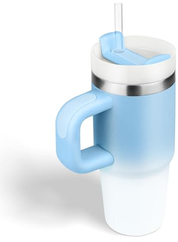 Vaso de 14 oz con asa y paja, taza térmica con pajita, vaso para niños con tapa y paja, vaso infantil de acero inoxidable 304, para deportes escolares, al aire libre, degradado de color azul y blanco