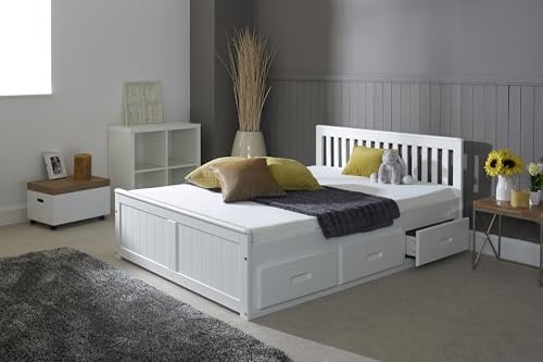 The Mission Bed - Small Double Size (4ft) Storage Bed Frame | 6 Built-In Drawers | Waxed or White Finish | Solid Pine Platform Bed (White)