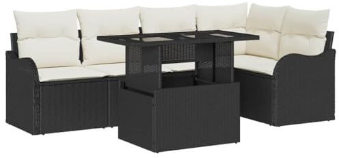 vidaXL Garten-Sofa-Set mit Kissen 6 pcs Schwarz Poly Rattan, Garten Modular Set, rechteckiger Esstisch für draußen, verstellbare Füße, robuster Rattan-Sofa, Al Fresco-Style