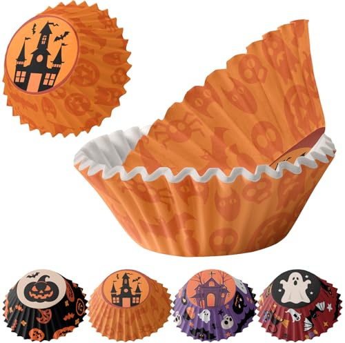 MORAINJAY 100 Stück Halloween Muffinförmchen Papier, Oranges Haus Muffins Backförmchen, Papierbackförmchen Backformen Cupcake Formen Papier Fällen Liners Wrapper Förmchen für Backen Dessert Party