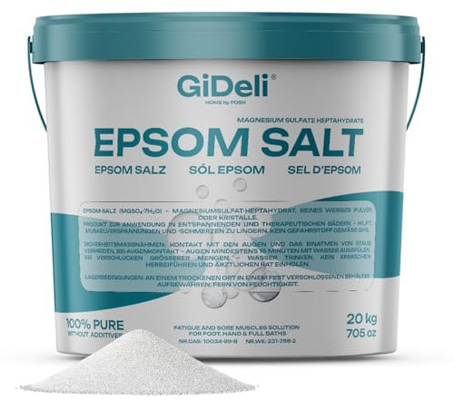 GiDeli Epsom sale 20 kg di solfato di magnesio di qualità farmaceutica Sali da bagno in secchio, 100% puro sale naturale per la cura della pelle, bagno relax (20000 g)