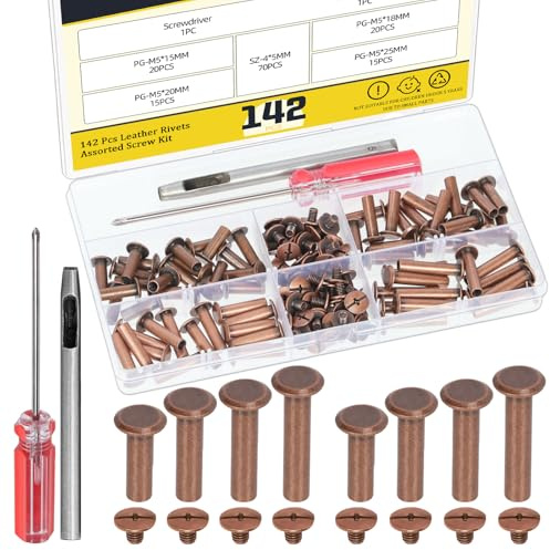 Mardatt Set di 70 viti Chicago in bronzo rosso M5 x 15/18/20/25 mm, set di viti in pelle, rivetti Chicago con strumenti di regolazione