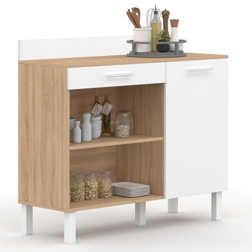 IDMarket - Niedriges Küchenbuffet 100 cm CINA Arbeitsplatte H.83 cm 1 Tür + 1 Schublade in Buchenholzoptik und weiß