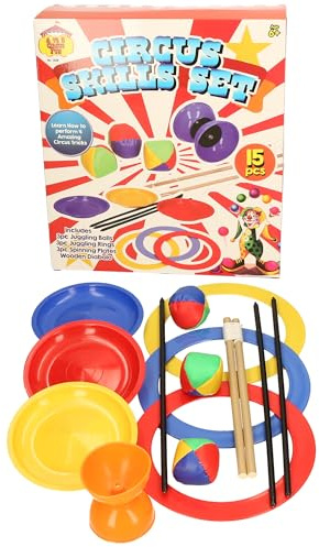 Circus Skills Set de 15 pièces avec balles de jonglage, Anneaux, plaques tournantes et diabolos en Bois à partir de 6 Ans