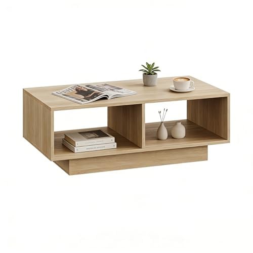 SHOWHA Couchtisch Eiche hell,Mitteltisch Teetisch für Wohnzimmer,moderner und Stilvoller Rechteckiger Kaffeetisch mit 2 Offenes Fach,Rechteckiger Beistelltisch Sofatisch,für Schlafzimmer Büro