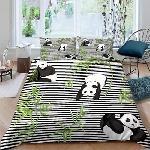 MOXINO 3D Panda Bettwäsche 135x200 cm 2teilig Bambus Bettwäsche für Kinder Leicht Mikrofaser Bettbezug Sommer Weiche Bettbezüge mit Kissenbezüge 80x80（Muster 177-11）