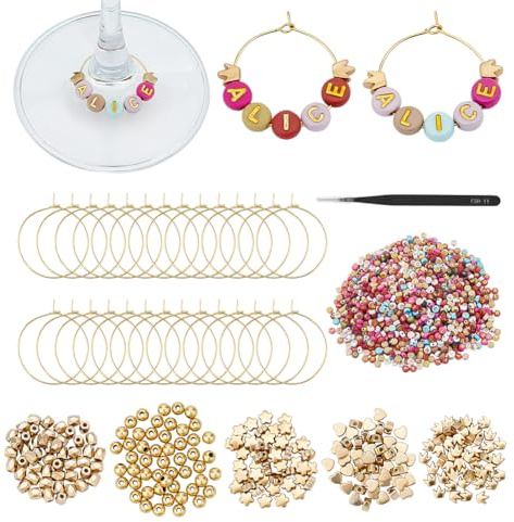 PH PandaHall 100 Sets DIY Wine Glass Charms Kit, 1300 Colorful Letter Beads 250 Gold Beads 100 Brass Rings Tweezer Personalized Wine Charms for Stem Glasses Wedding Birthday Holiday Party Gift, Gold