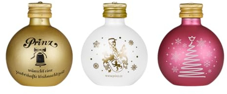 Prinz 3er Box Christbaumkugeln - Gefüllt mit edlem Schnaps & Likör - Weihnachtsdeko & Geschenkidee mit Alkohol - Originelle Schnapskugeln zum Aufhängen (3er Box Gold)
