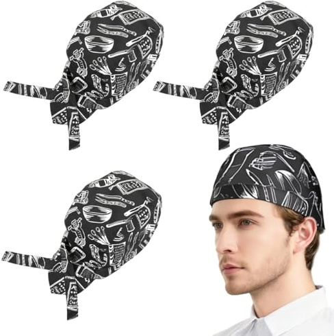 JEYORZY 3 Pcs Herren Kochmütze, Kochmütze Bandana Küchenmütze Herren Damen Kopftuch Herren Kopfbedeckung Zum Kochen Backen Grillen Bandana Cap Für Küche Restaurant Zuhause Bäckerei Cafe (Geschirr)