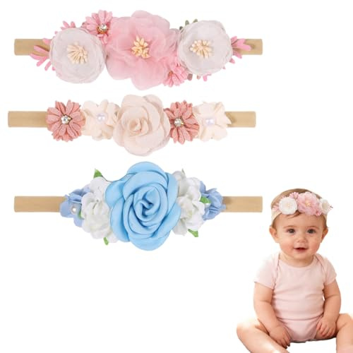 OPVYAEU Pack de 3 Diademas Bebé Niña – Diadema suave y elástica con flores y lazos, Accesorios para recién nacida, fotos, uso diario y regalo