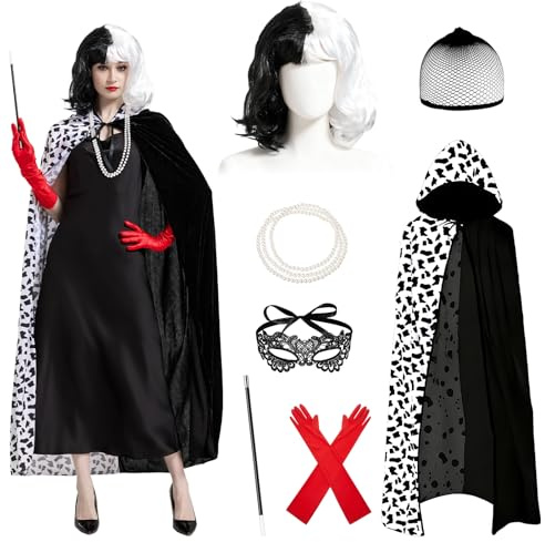 Beeoecm Cruella Devil Kostüm Damen, 7 Stück Cruella Kostüm Erwachsene mit Schwarz-weiß gefleckter Umhang mit Kapuze, Perücke, Handschuhen und Halskette für Karneval Halloween