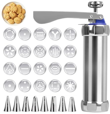 Gebäckpresse für Spritzgebäck Edelstahl,Backzubehör-shortbread Cookie Press,Kekspresse mit 20 Schablonen, 8 Edelstahl Tüllen,Keksmaschine,tortenspritze Presse,Teigpresse,für Kuchen Kekse Plätzchen