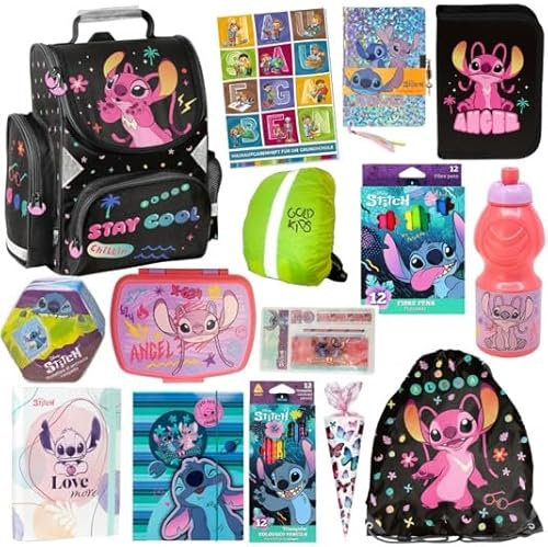 PASO - Schulranzen für Jungen und Mädchen, 15er-Set - Schul-Rucksack für Kinder mit Federmäppchen- Schuhbeutel Hausaufgabenheft- Stitch