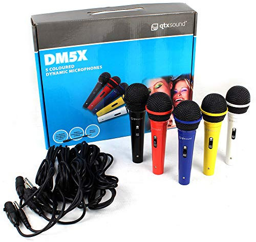 5 Pack of Coloured Microphones with Five Jack Cables