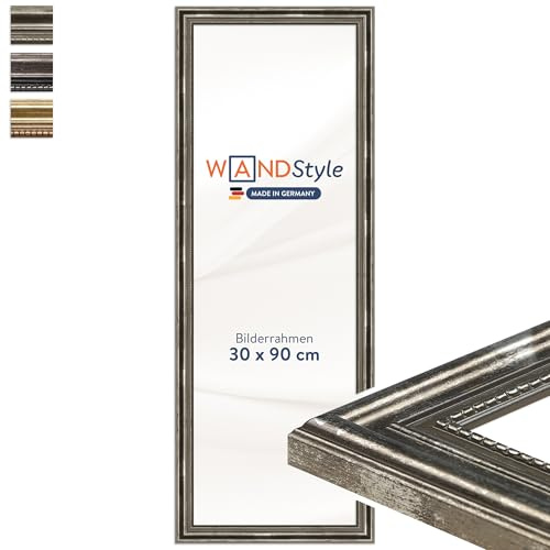 WANDStyle silberner Bilderrahmen 30x90 Holz, Bilderrahmen Silber Vintage | Hochwertiger Holzbilderrahmen Antik, Posterrahmen zum Aufhängen, Rahmen 90x30 cm, Fotorahmen H450 Made in Germany