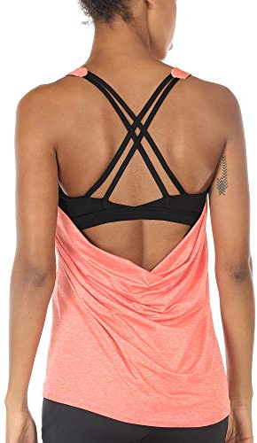 icyzone Damen Sport Yoga Top mit BH - 2 in 1 Fitness Shirt Cross Back Gym Sport Tank Top (L, Peach)