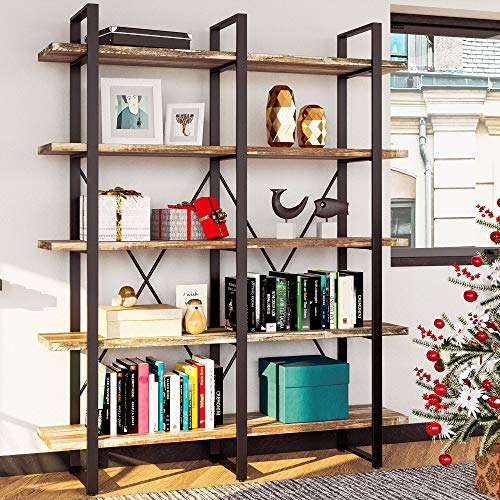IRONCK Bookshelf, Open Bookcase Vintage Industrial Large Shelves, Wood And Metal Etagere Bookshelves, For Home Decor Display, Office Furniture Double Wide 5-Tier Wood Color