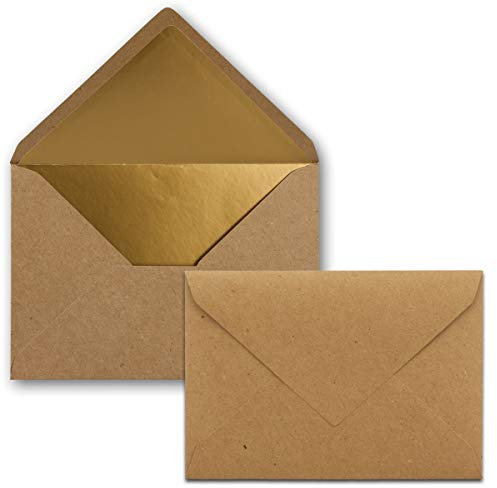 Kuverts in Kraftbraun- 25 Stück - Brief-Umschläge DIN C6-11,4 x 16,2 cm - Naßklebung - Gold-Metallic Fütterung - ohne Fenster für Einladungen