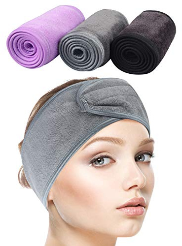 SINLAND 3 Pack Haarband für Make Up Kosmetik Stirnband Violett+Schwarz+Grau | Mikrofaser Haarschutzband mit Klettverschluss Verstellbare Haarriemen Haarschutzband Haarbänder für Gesicht,Sport,Yoga