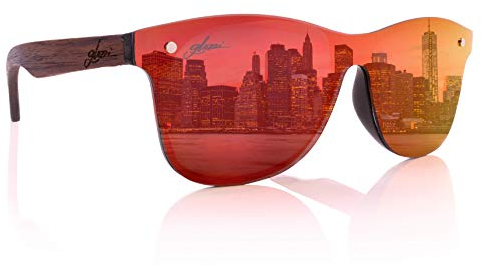 glozzi Sonnenbrille Herren und Damen Holz Verspiegelt Polarisiert und Entspiegelt UV400 Rot mit Holzbügeln aus Walnuss und Brillenetui aus Kork